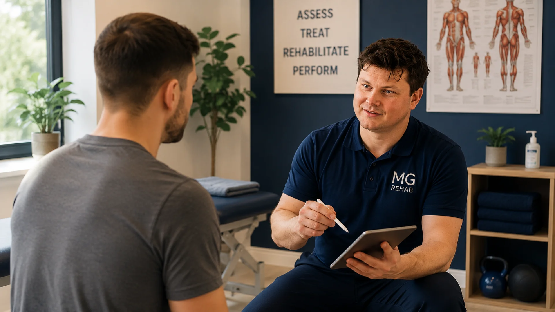 Sports rehabilitation therapist discussing a personalised acupuncture treatment plan with a client in Richmond