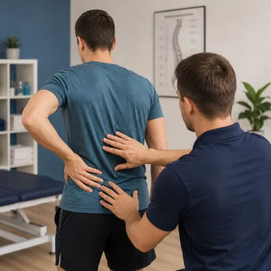 Male rehabilitation therapist assessing a patient's lower back during a back pain assessment at a physiotherapy clinic in Richmond