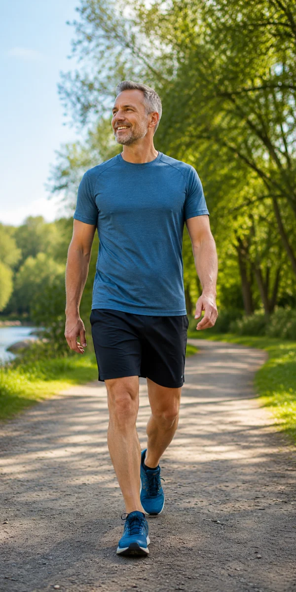 Person walking comfortably outdoors following personalised back pain rehabilitation in Richmond