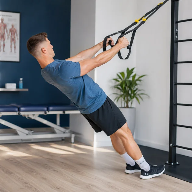 Patient performing suspension trainer rehabilitation exercises for back pain in a modern physiotherapy clinic in Richmond