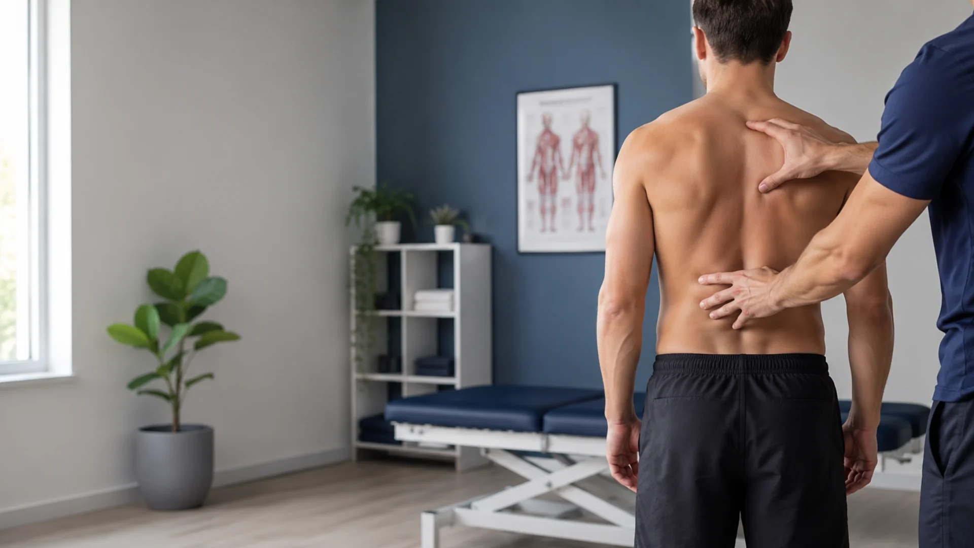 Male rehabilitation therapist assessing a patient's upper and lower back during a back pain treatment appointment in Richmond