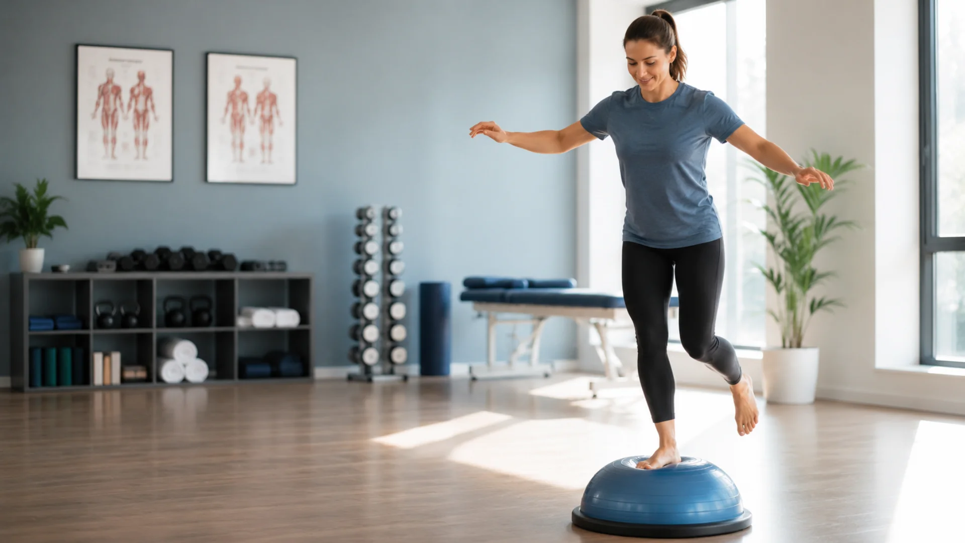 Person performing balance rehabilitation exercise during personalised injury rehabilitation near Teddington