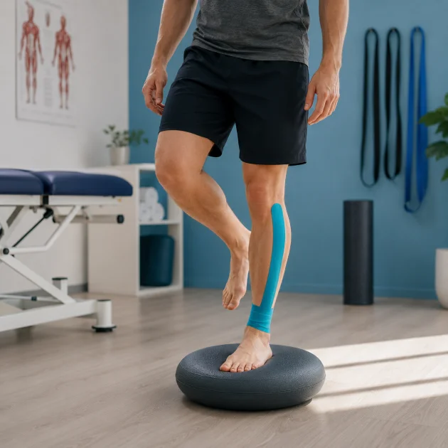 Client performing a balance rehabilitation exercise while wearing kinesiology tape on the lower leg during an injury rehabilitation session in Richmond