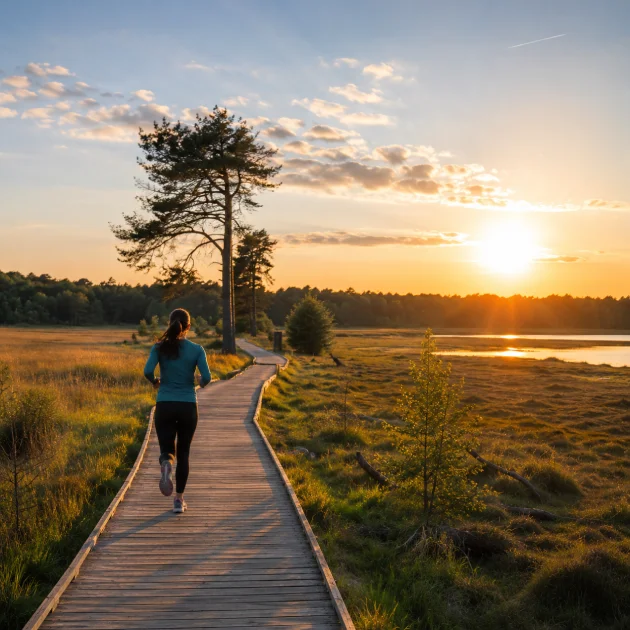 Runner following a wooden boardwalk through Barnes Common at sunset, representing an active lifestyle, improved mobility and recovery through personalised rehabilitation near Barnes