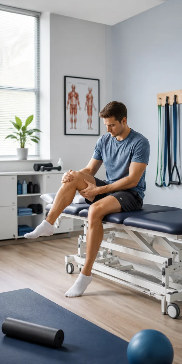Person seated on a rehabilitation treatment table in a modern sports rehabilitation clinic near Barnes preparing for a musculoskeletal assessment