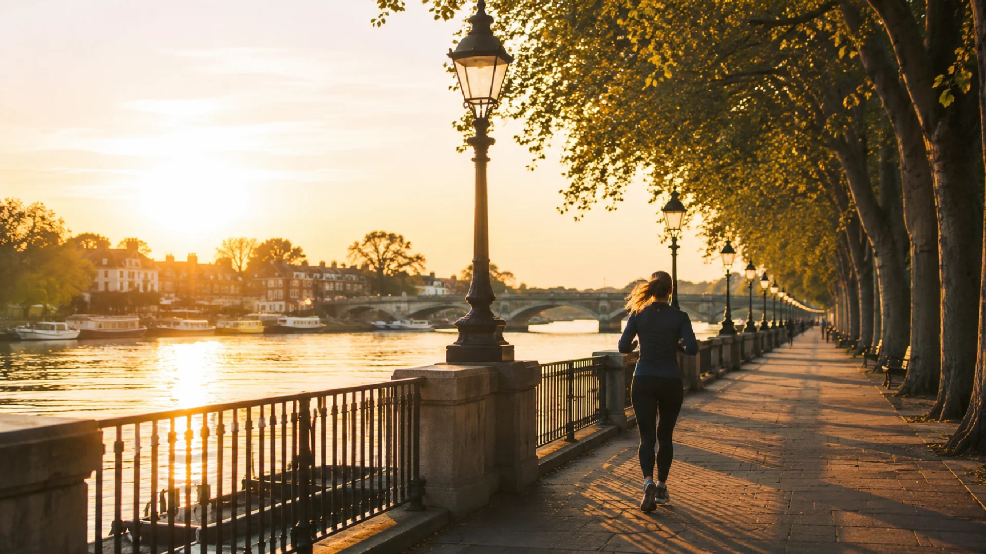 Runner on the Thames Path in Barnes at sunrise, representing an active lifestyle, sports injury recovery and personalised rehabilitation near Barnes