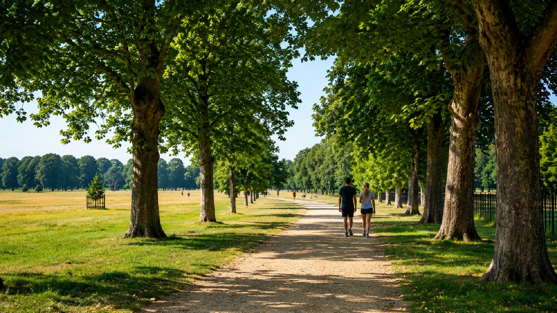 Tree-lined walking path through Bushy Park near Teddington on a sunny day