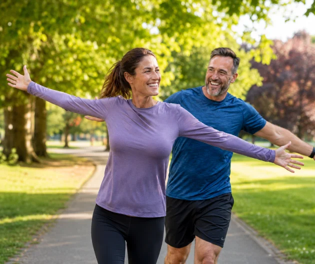 Active couple enjoying improved movement and wellbeing after deep tissue massage treatment in Richmond