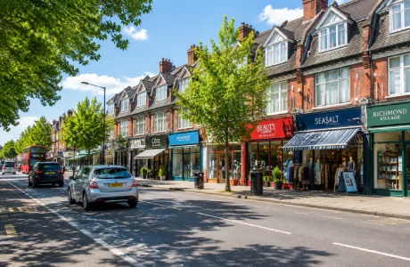 East Sheen High Road with independent shops and local businesses in East Sheen, London