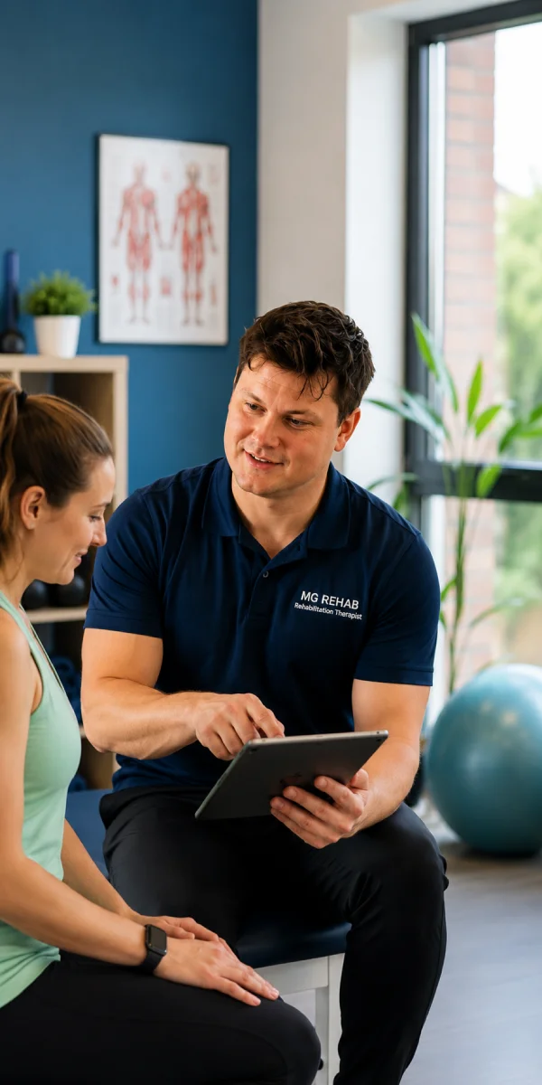 Rehabilitation therapist discussing a personalised exercise therapy programme with a client in Richmond