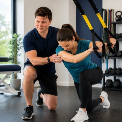 Exercise therapy session in Richmond with a rehabilitation therapist guiding a TRX strength and stability exercise