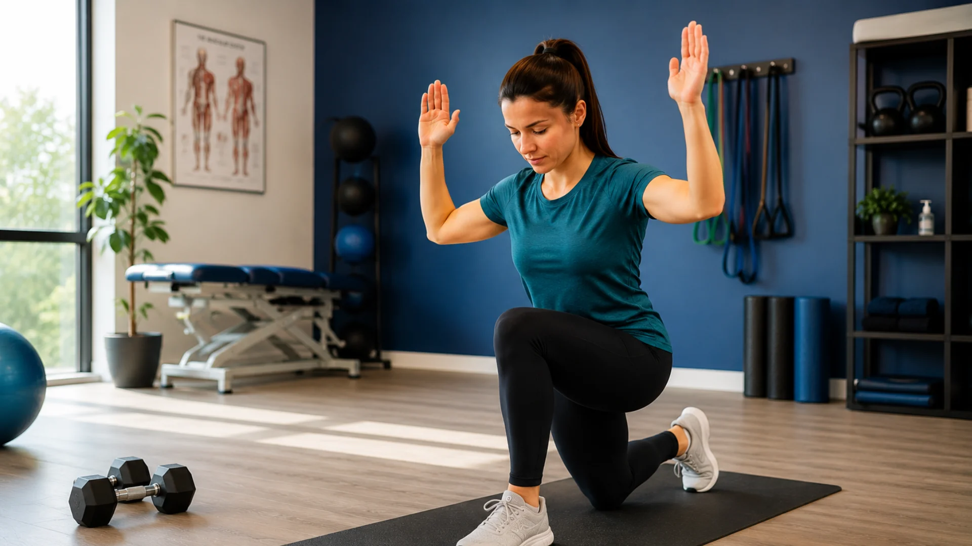 Woman performing a personalised exercise therapy strength and balance exercise in a rehabilitation clinic in Richmond