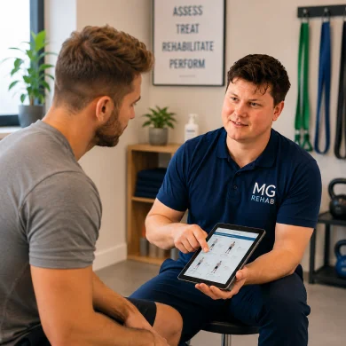 Sports rehabilitation therapist explaining a personalised injury rehabilitation programme to a client in Richmond