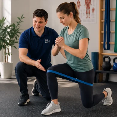 Injury rehabilitation therapist guiding a personalised injury rehabilitation exercise session in Richmond