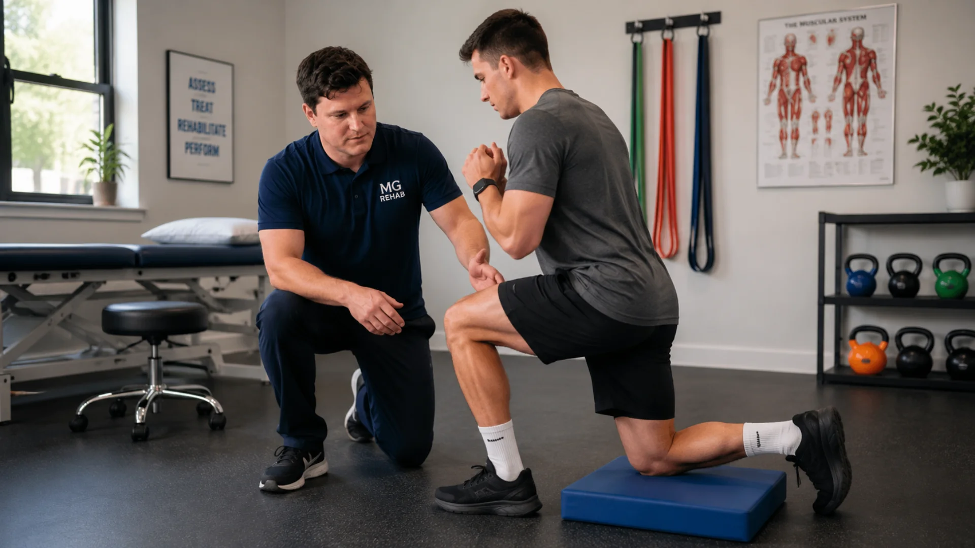 MSc sports rehabilitation therapist guiding a personalised injury rehabilitation exercise session in Richmond