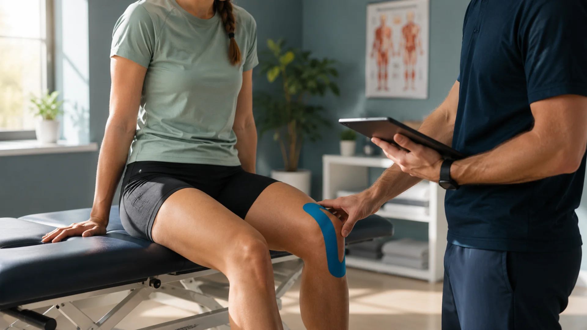Sports therapist carrying out a personalised knee assessment before Injury Taping treatment in Richmond