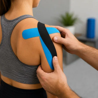 Professional kinesiology taping applied to the shoulder to support recovery and improve movement in Richmond