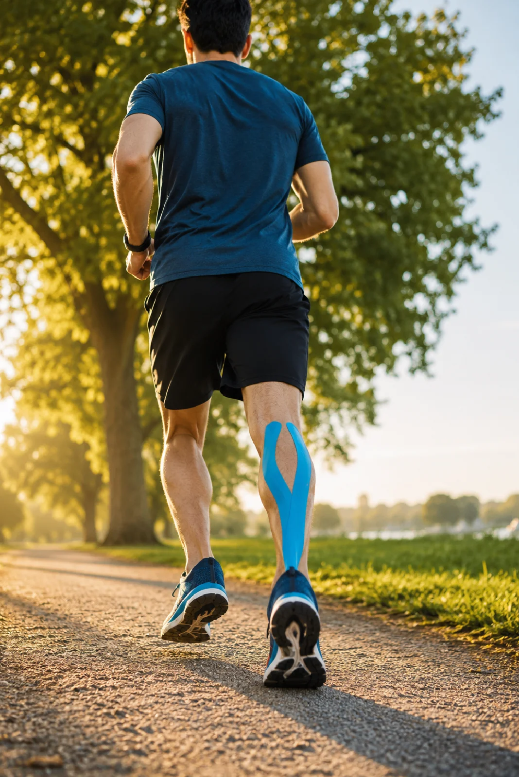 Runner with kinesiology tape on the calf returning to activity during injury rehabilitation in Richmond