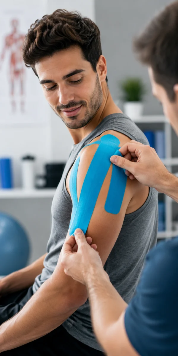 Client receiving kinesiology taping to the shoulder during personalised injury rehabilitation treatment in Richmond