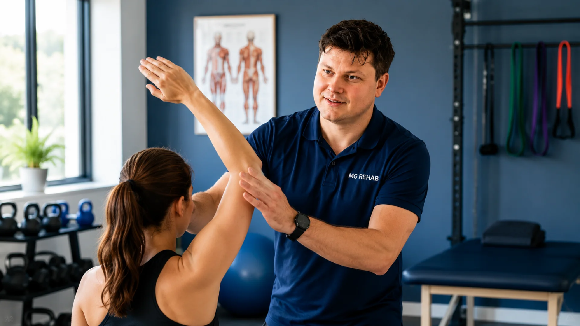 Rehabilitation therapist performing a personalised joint mobilisation assessment to improve shoulder mobility in Richmond
