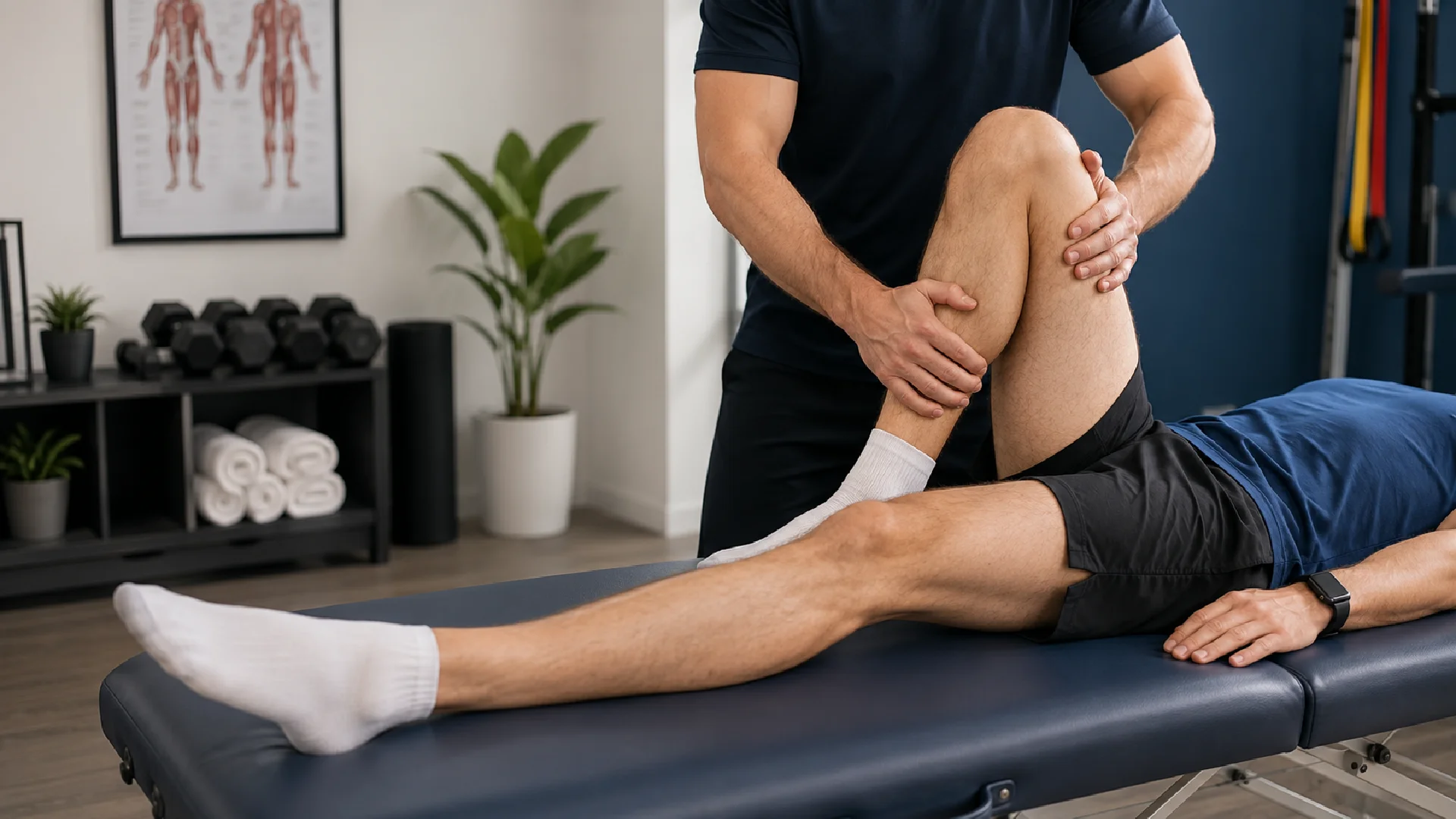 Male rehabilitation therapist performing manual knee joint mobilisation on a patient during personalised joint pain treatment at a sports rehabilitation clinic in Richmond