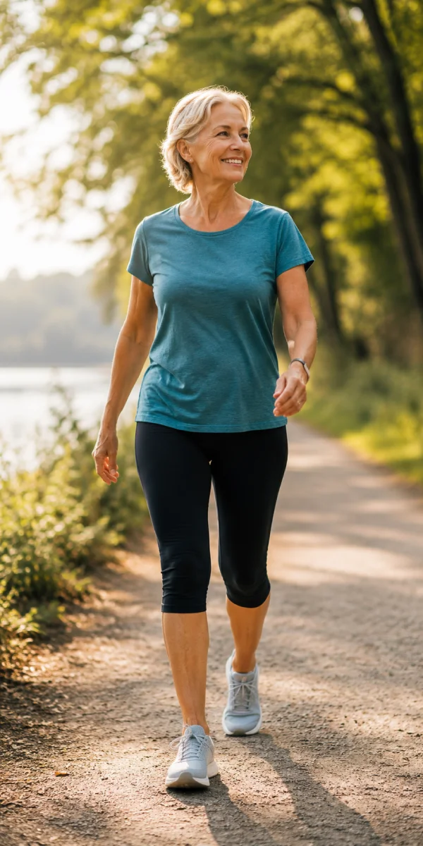 Older woman walking comfortably outdoors following personalised joint pain rehabilitation in Richmond