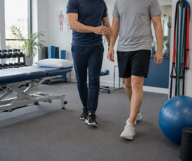 Male rehabilitation therapist supervising a patient during gait training and functional walking rehabilitation at a sports rehabilitation clinic in Richmond