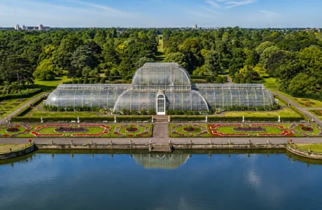 Aerial view of the Palm House and formal gardens at Kew Gardens in Richmond, London.