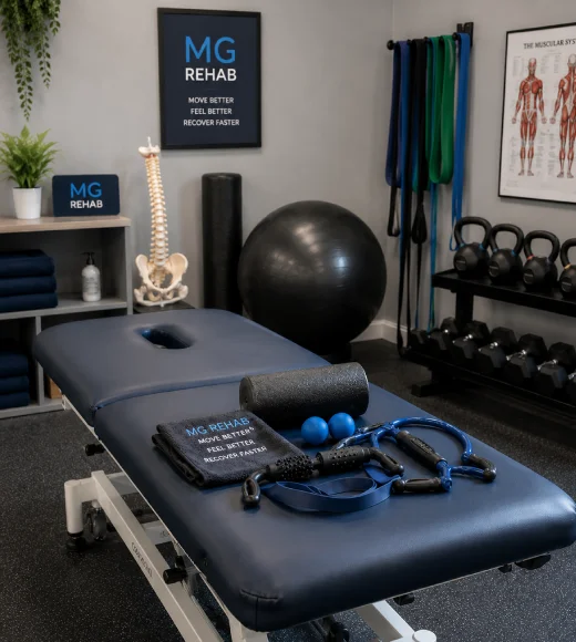 Modern sports rehabilitation clinic in Richmond with treatment table and rehabilitation equipment