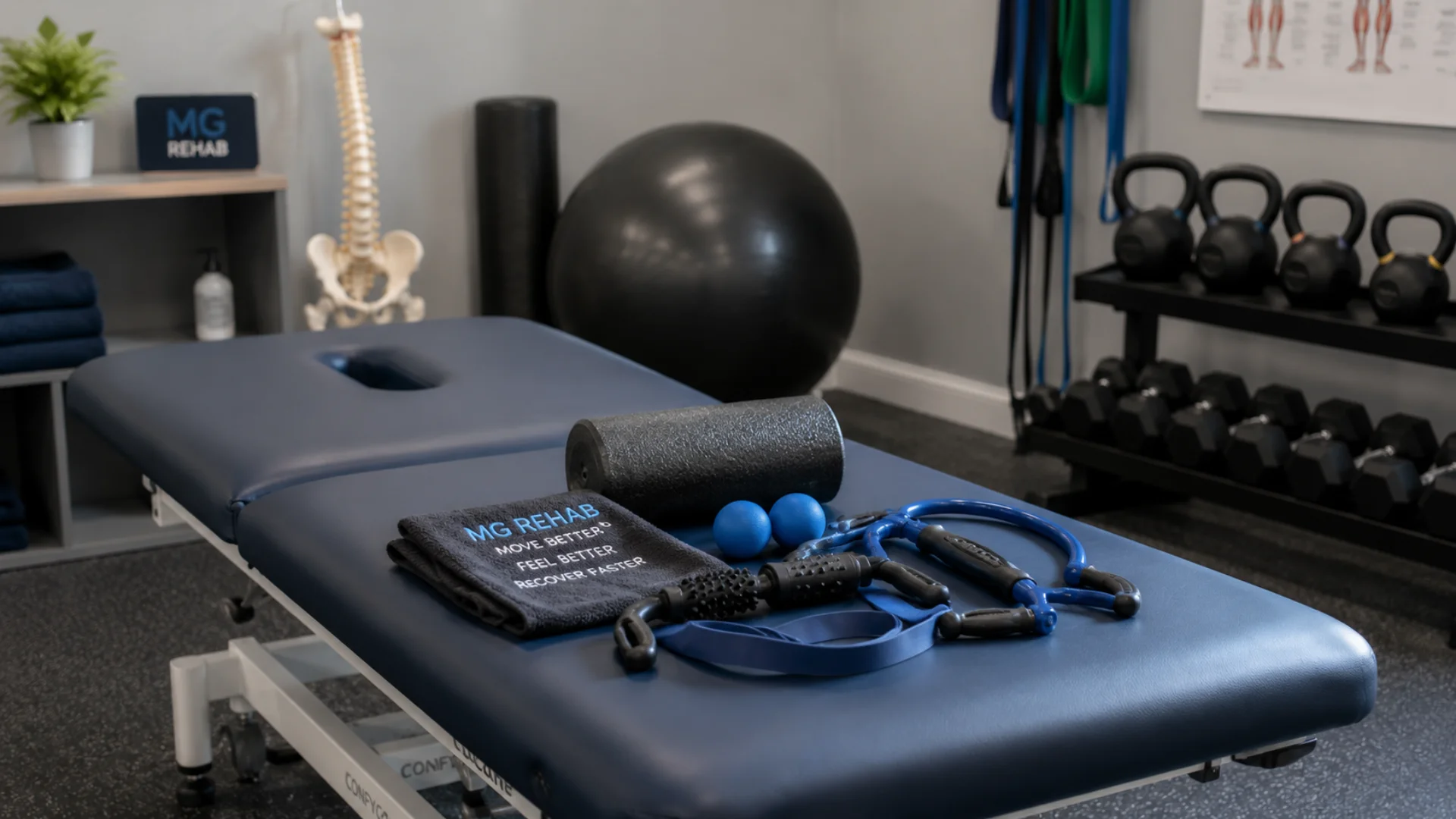 Professional sports rehabilitation clinic in Richmond with treatment table and rehabilitation equipment