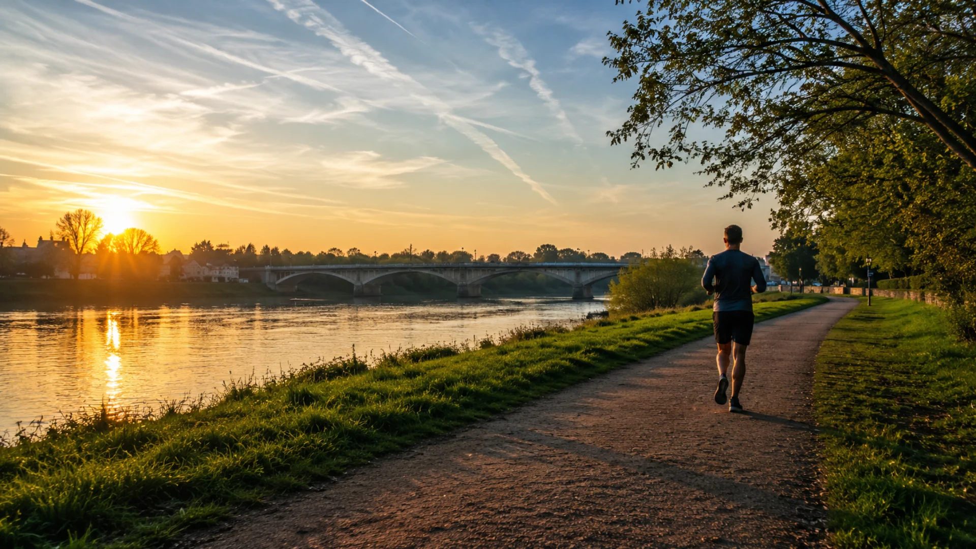 Runner along the River Thames in Mortlake at sunrise, representing sports injury rehabilitation, recovery and an active lifestyle near MG Rehab