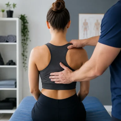 Sports therapist assessing neck and shoulder posture during a musculoskeletal assessment at MG Rehab in Richmond