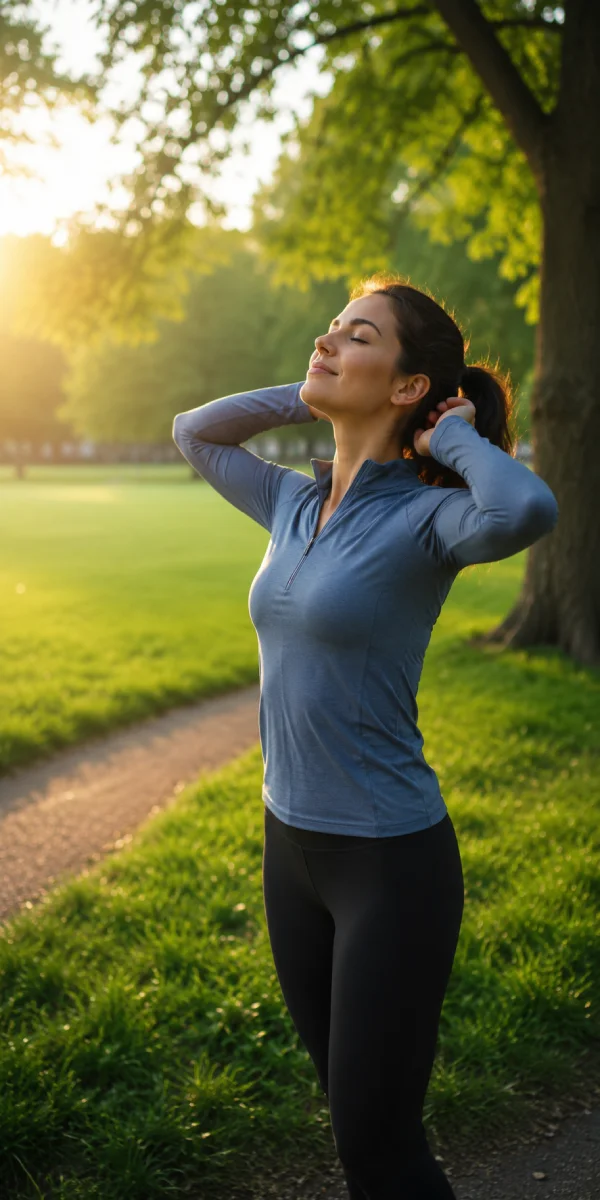 Woman enjoying comfortable neck movement following personalised neck and shoulder pain rehabilitation in Richmond