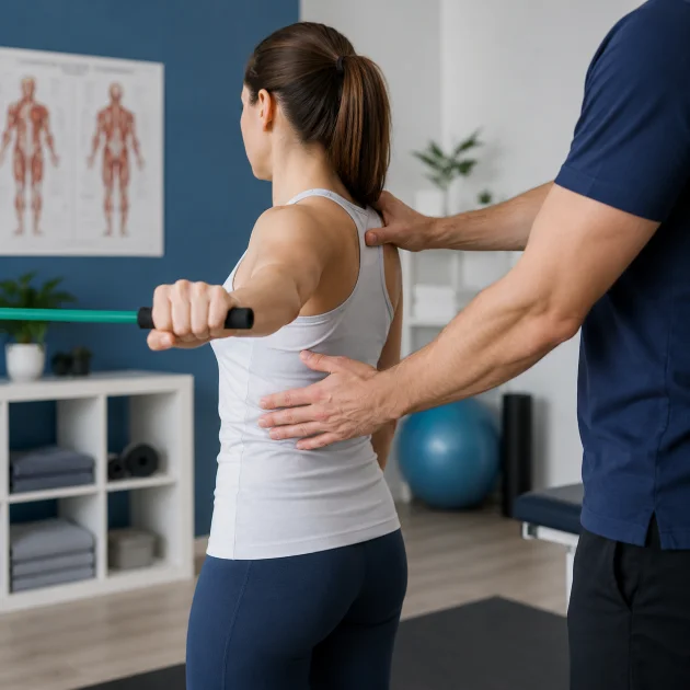 Sports therapist guiding personalised neck and shoulder rehabilitation exercises using a resistance band at MG Rehab in Richmond