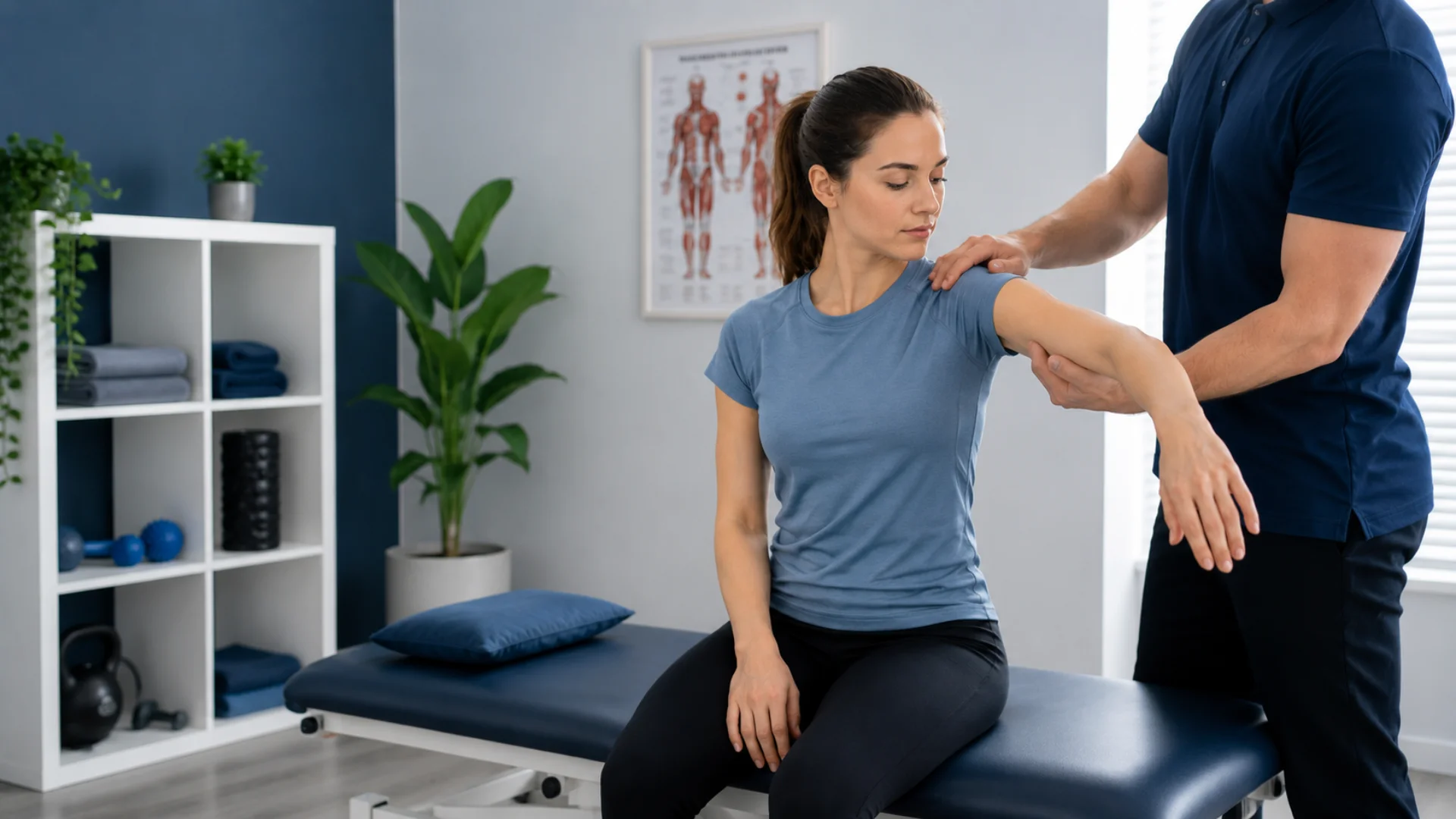 Sports therapist assessing shoulder movement during personalised neck and shoulder pain treatment at MG Rehab in Richmond