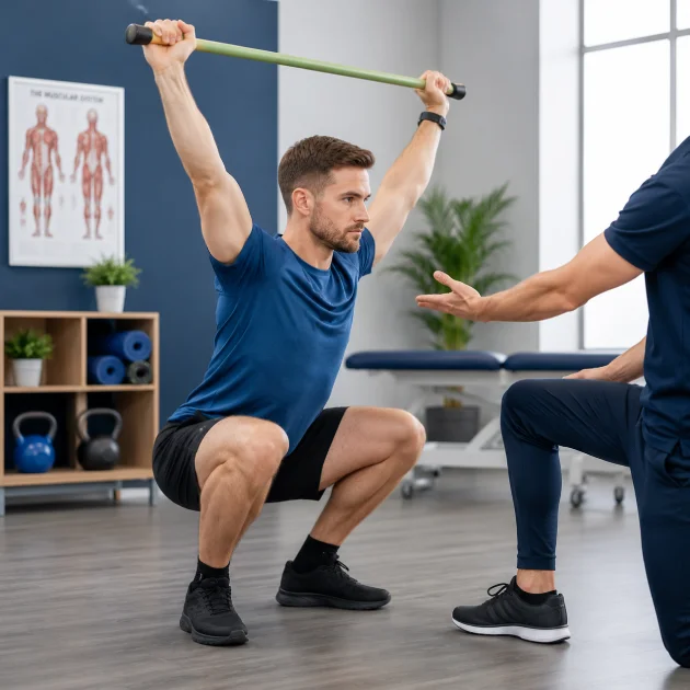Sports rehabilitation therapist assessing overhead squat movement and mobility during a personalised musculoskeletal assessment in Richmond