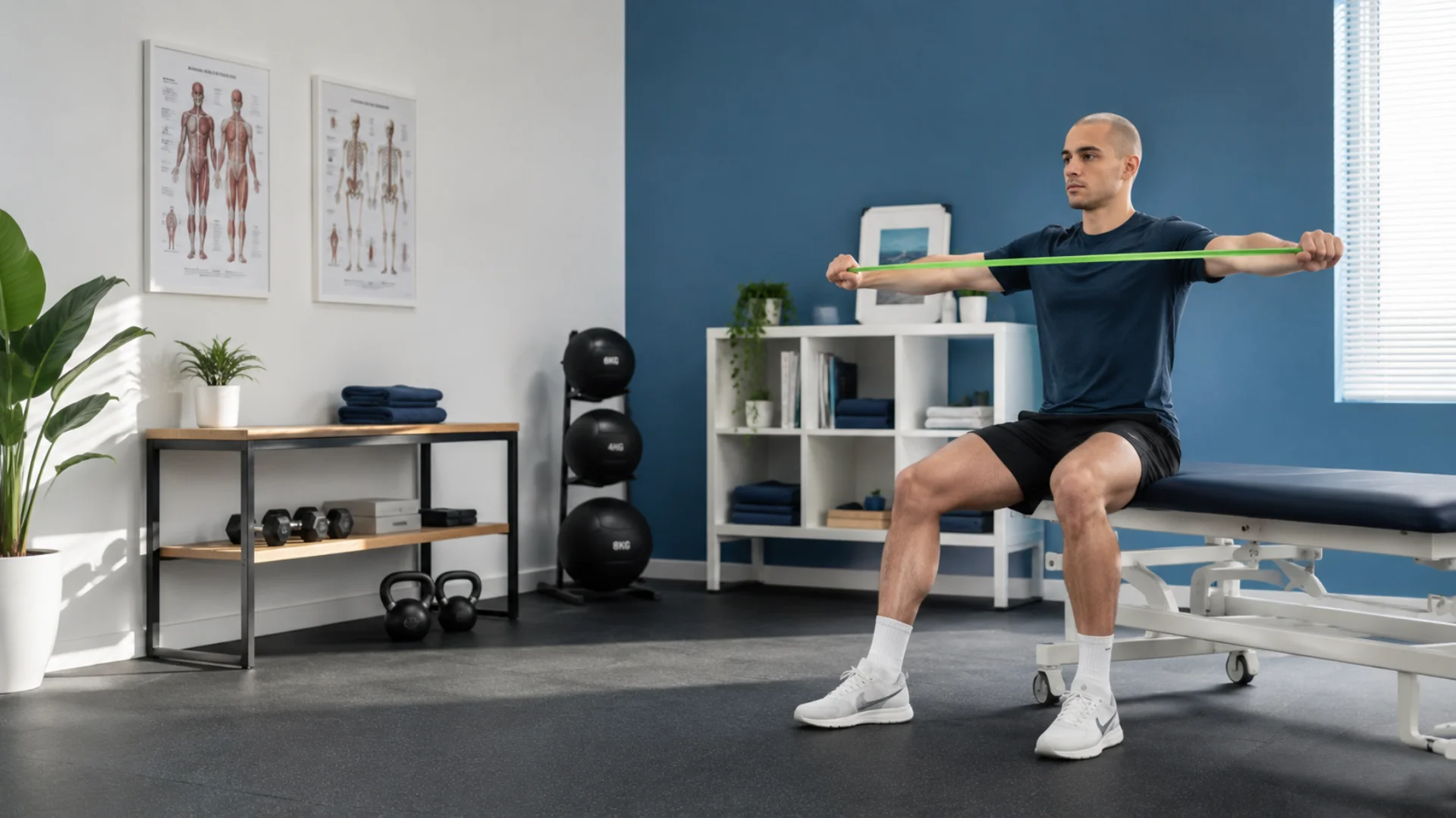 Person performing a personalised resistance band rehabilitation exercise at MG Rehab near Barnes to improve strength, mobility and recovery from musculoskeletal injury