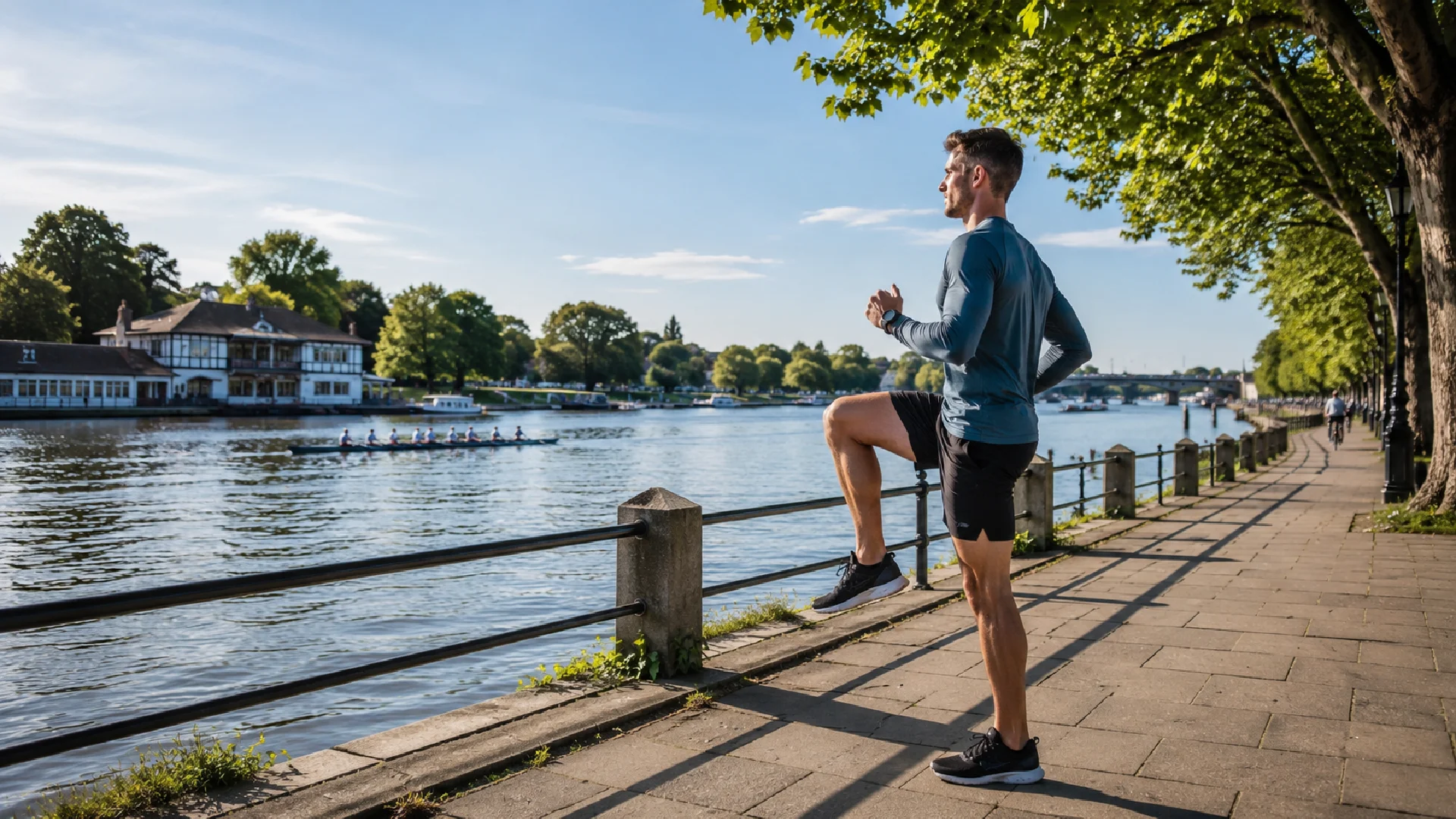 Person performing a rehabilitation exercise beside the River Thames in Mortlake before sports injury rehabilitation at MG Rehab