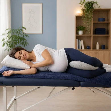 Pregnant woman lying comfortably on her side during a pregnancy massage treatment at MG Rehab in Richmond.