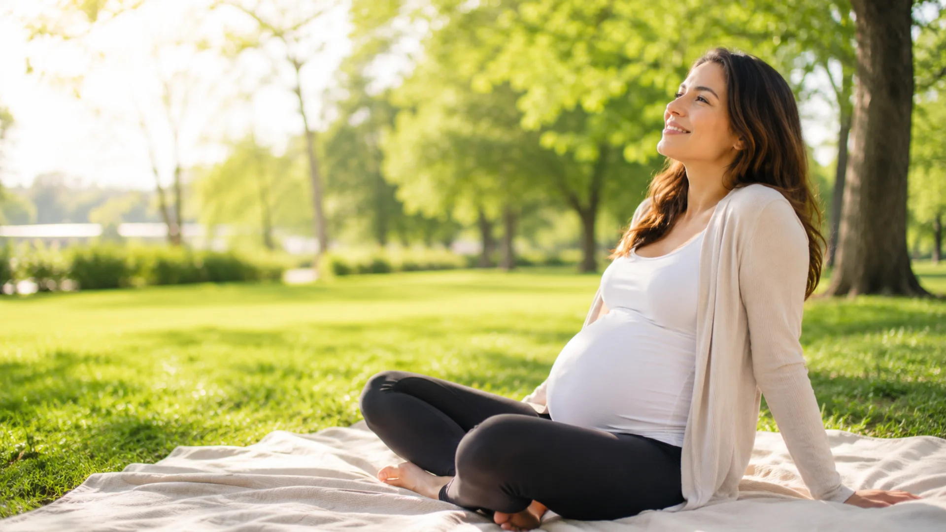 Pregnant woman relaxing outdoors after personalised pregnancy massage treatment in Richmond