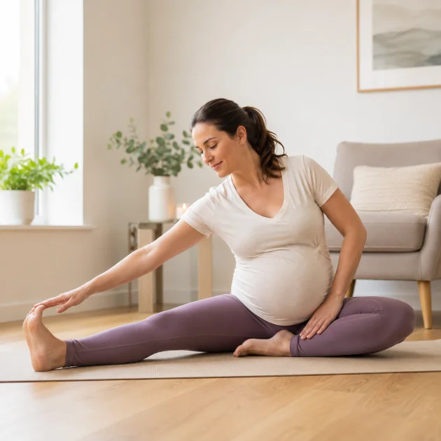 Pregnant woman performing gentle stretching exercises to improve mobility and wellbeing during pregnancy in Richmond