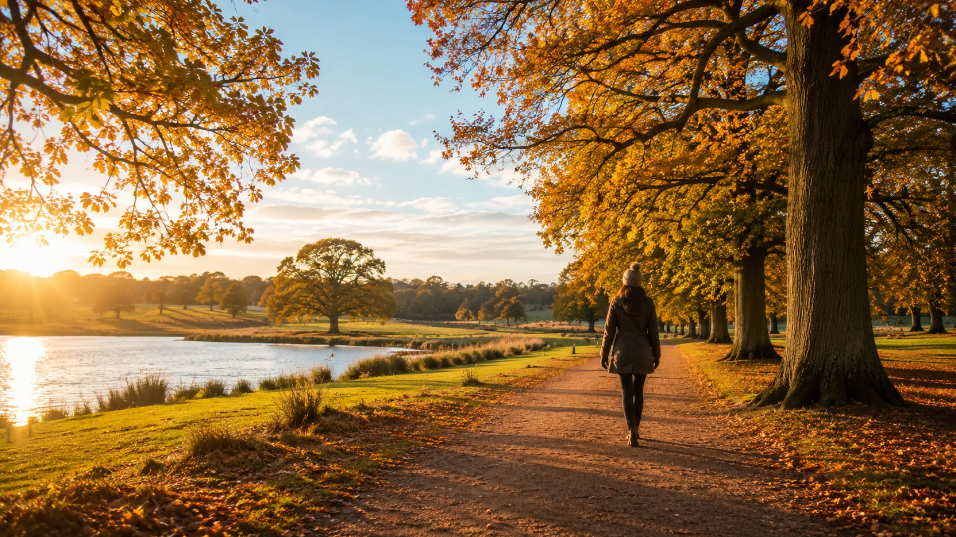 Person walking through Richmond Park near East Sheen on an autumn day, representing recovery, improved mobility and a return to an active lifestyle after rehabilitation