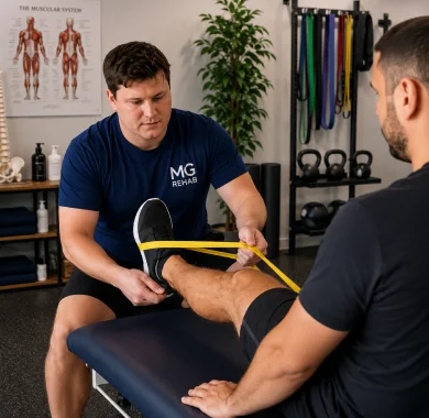 Sports rehabilitation therapist guiding a personalised exercise rehabilitation programme in Richmond