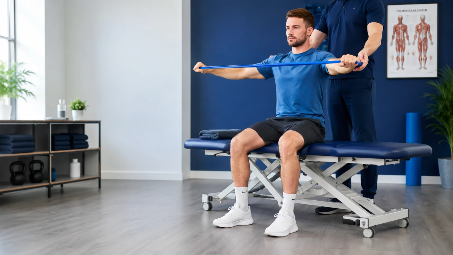 Sports rehabilitation therapist supervising a resistance band shoulder exercise during a personalised rehabilitation session in Richmond