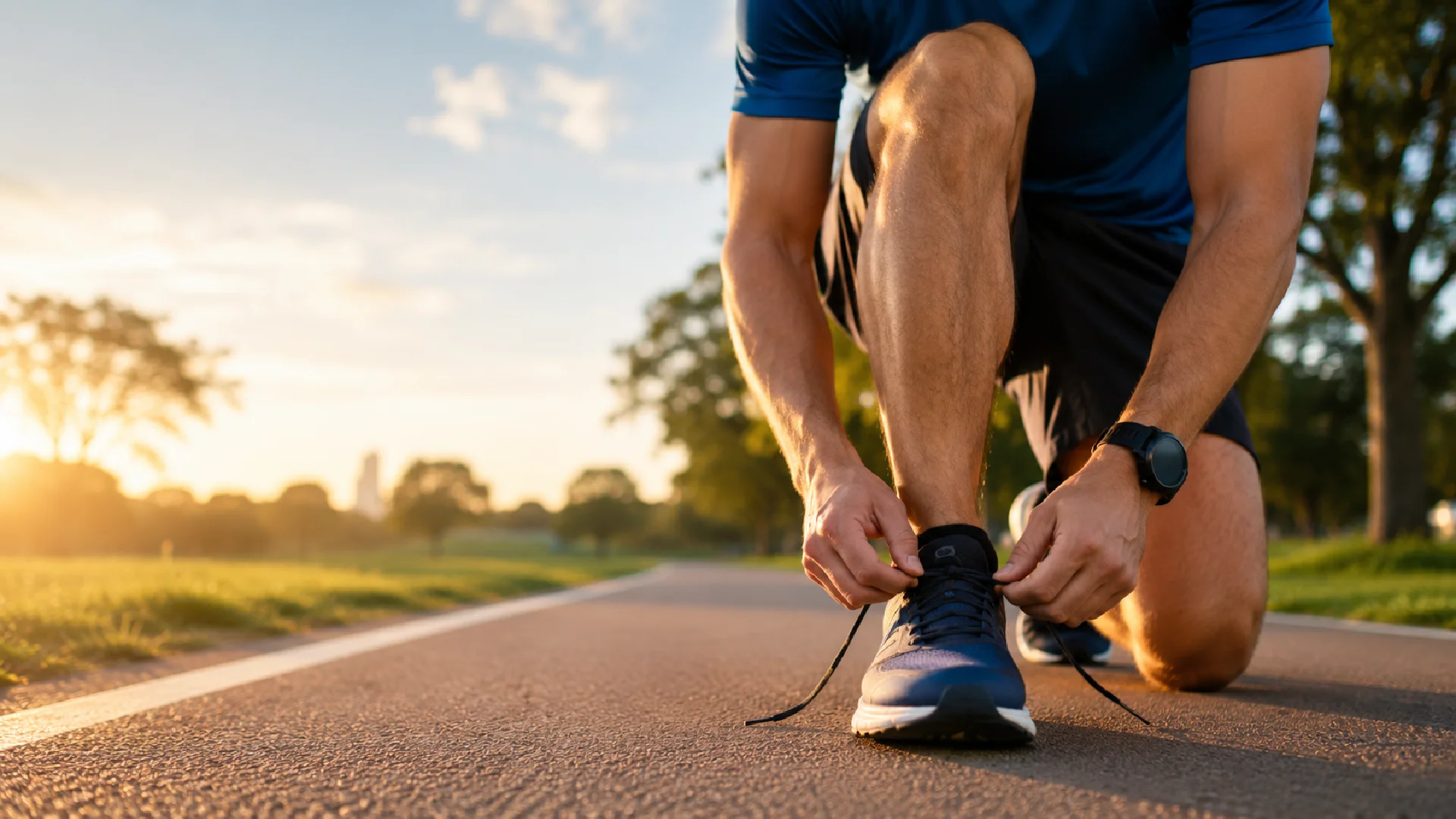 Runner tying running shoes before returning to training following personalised running injury rehabilitation in Richmond