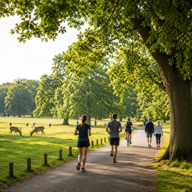 People walking, running and cycling through Richmond Park supporting an active lifestyle in Richmond