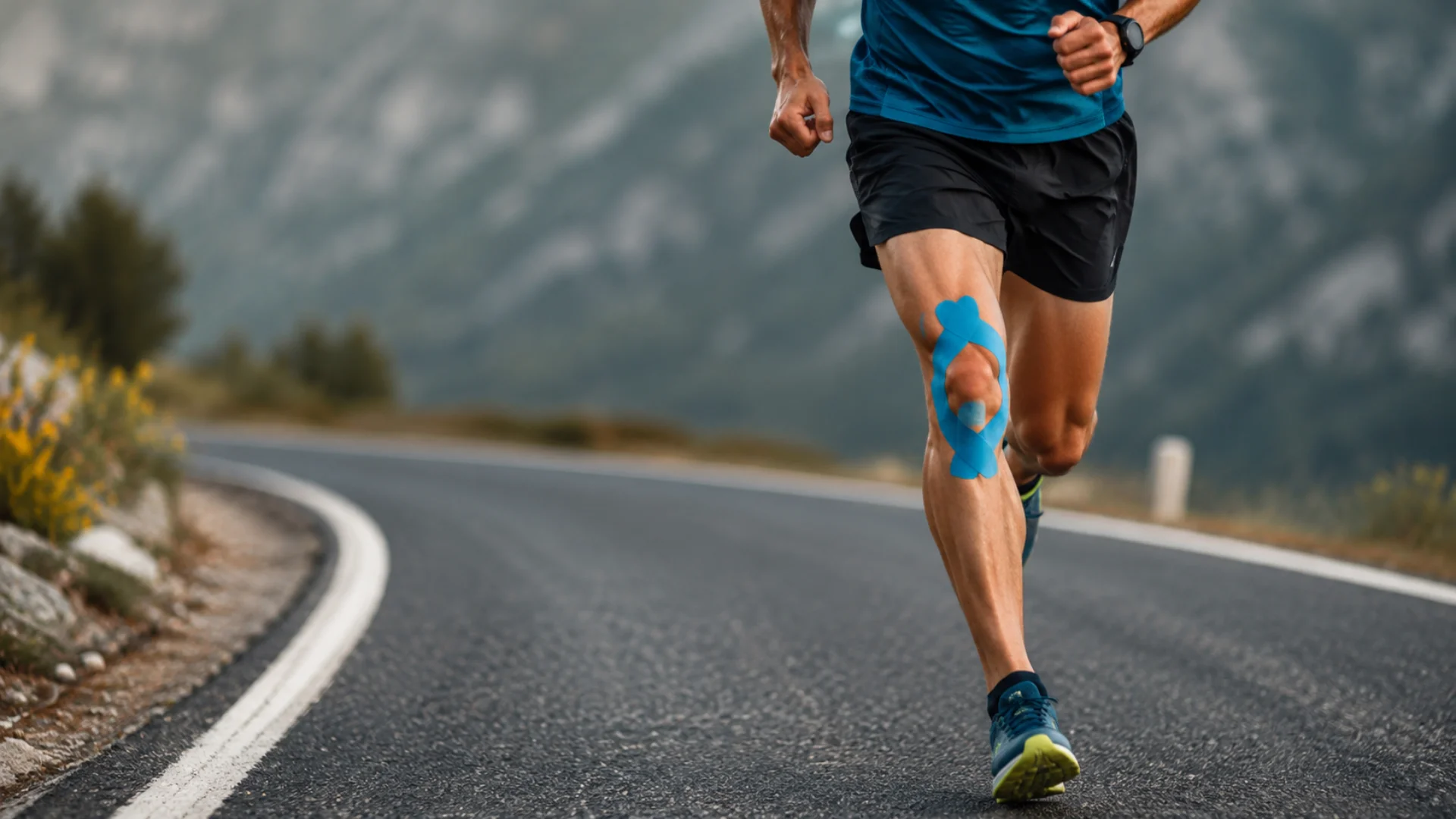 Runner with kinesiology tape applied to the knee during an outdoor training session, illustrating injury support and rehabilitation in Richmond.