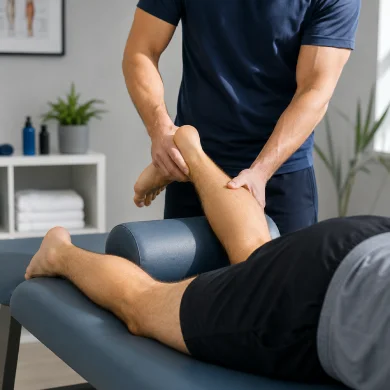 Sports therapist performing a lower leg and ankle assessment during running injury rehabilitation at a clinic in Richmond