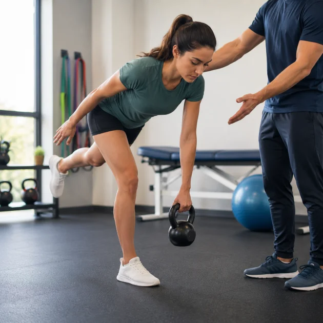 Runner performing a single-leg strengthening exercise during personalised running injury rehabilitation in Richmond