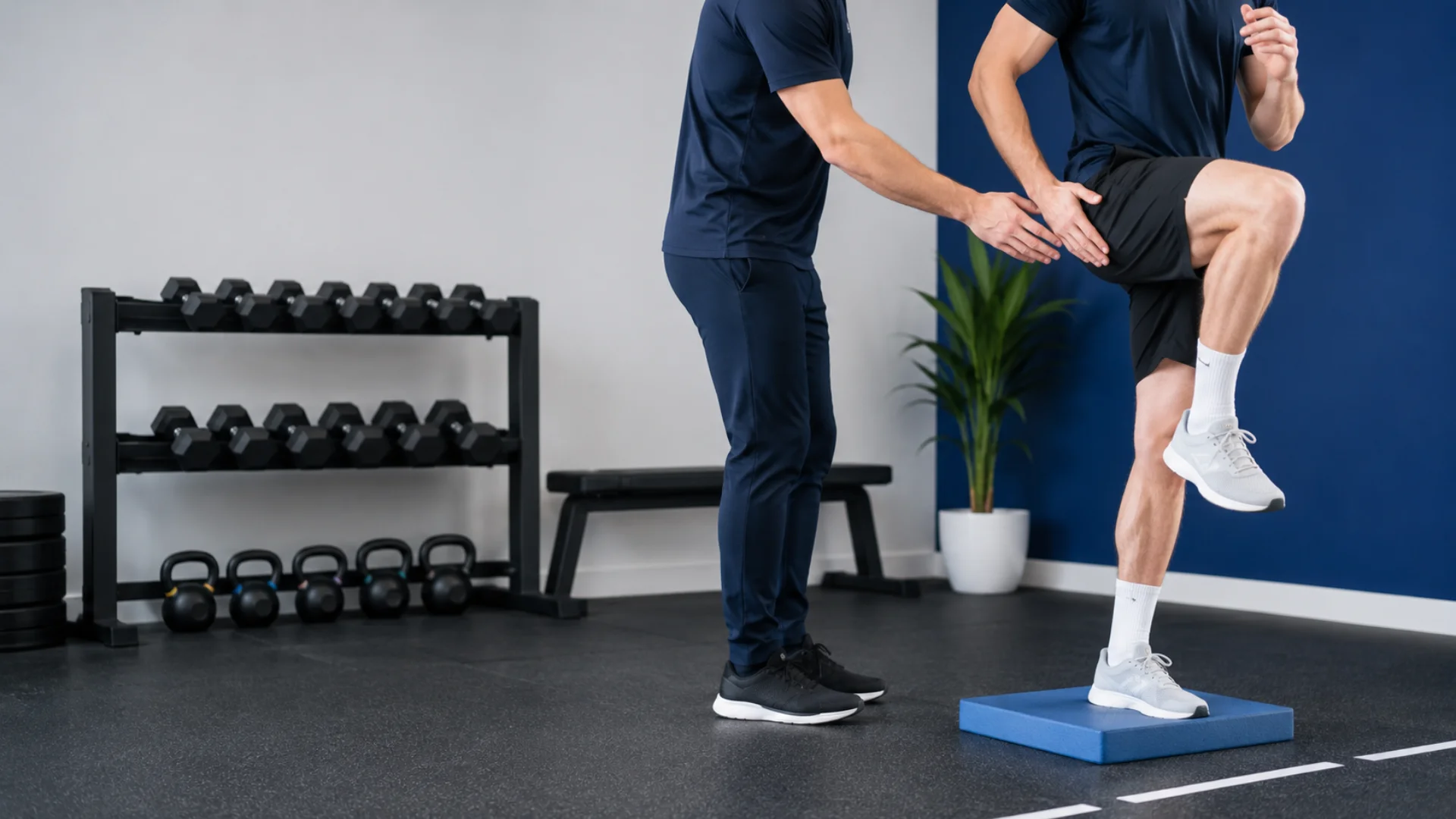 Sports therapist supervising a single-leg running rehabilitation exercise to improve balance, strength, and running mechanics in Richmond